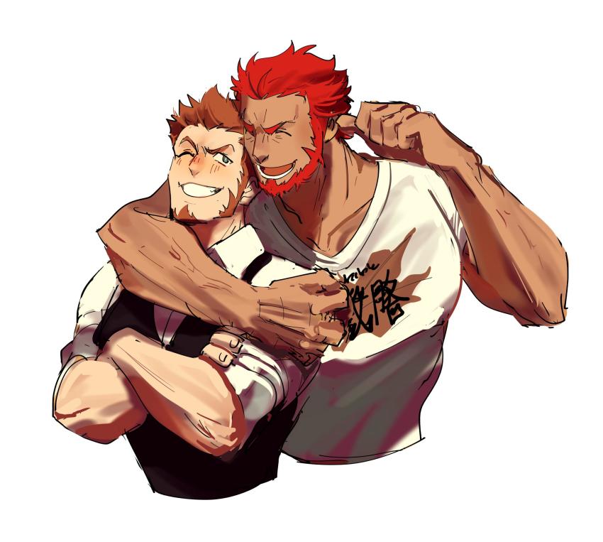 2boys alternate_costume arm_behind_back bara beard blue_eyes blush brown_hair facial_hair fate/grand_order fate_(series) highres iskandar_(fate) kendy_(revolocities) long_sideburns male_focus multiple_boys muscular napoleon_bonaparte_(fate) official_alternate_costume open_mouth red_hair shirt short_hair sideburns simple_background sleeves_rolled_up smile white_background