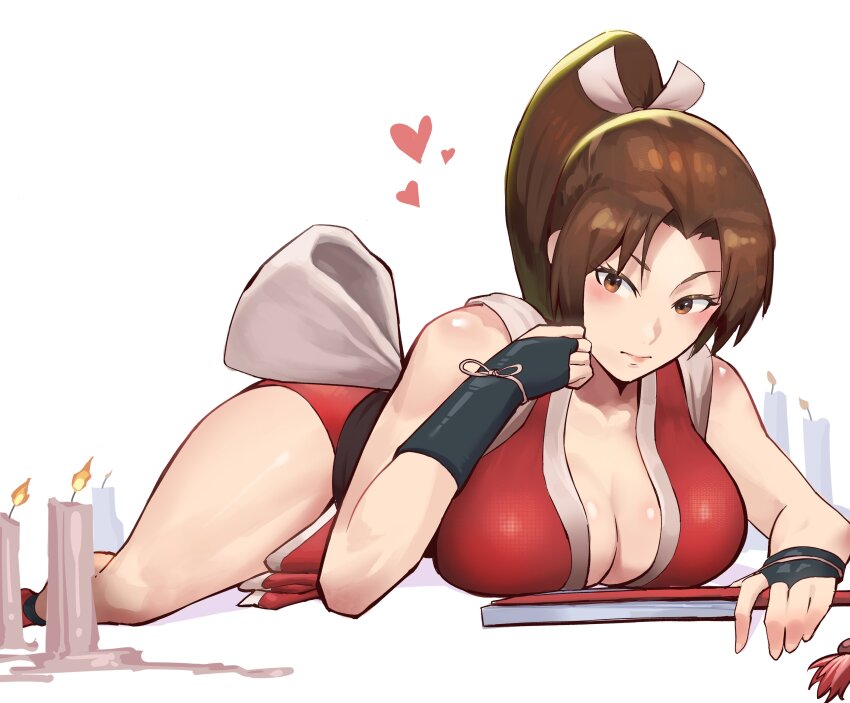 1girl ass blush breast_press breasts brown_eyes brown_hair candle cleavage fatal_fury feet fingerless_gloves gloves hand_fan heart highres japanese_clothes large_breasts legs looking_at_viewer lying navel on_stomach pink_lips ponytail shiranui_mai snk solo the_king_of_fighters the_pose thighs