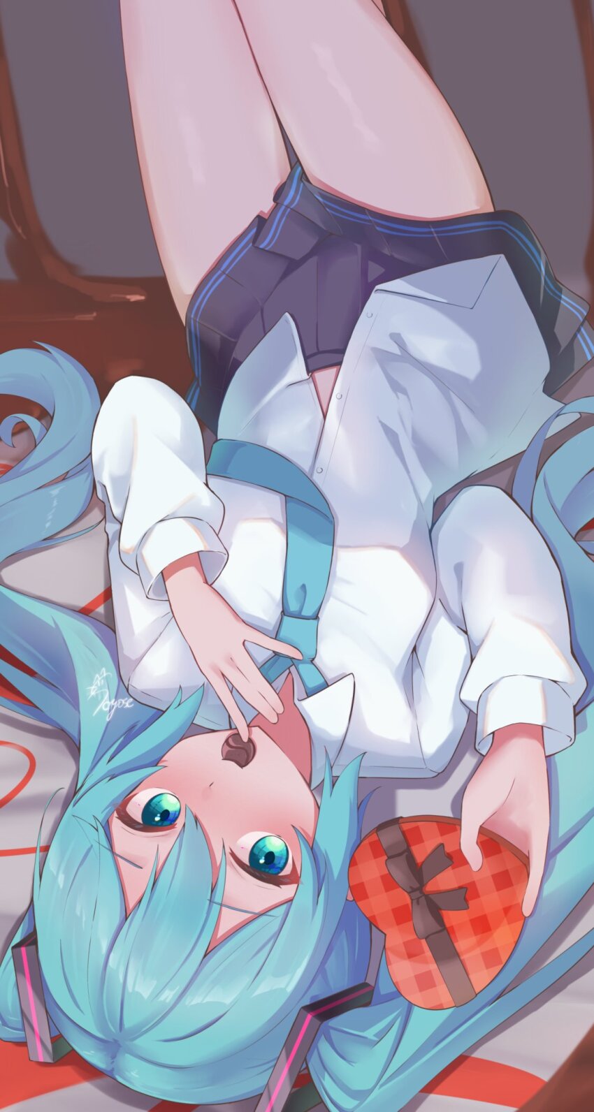 1girl aqua_eyes black_bow black_ribbon black_skirt blue_hair blue_necktie blue_stripes bow box box_of_chocolates chocolate collared_shirt eating food hair_between_eyes hair_ornament hairclip hatsune_miku heart-shaped_box highres holding holding_box holding_chocolate holding_food long_hair looking_at_viewer lying miniskirt necktie on_back ribbon shirt sidelocks skirt solo soyose striped_clothes striped_skirt thighs twintails upside-down vocaloid white_shirt