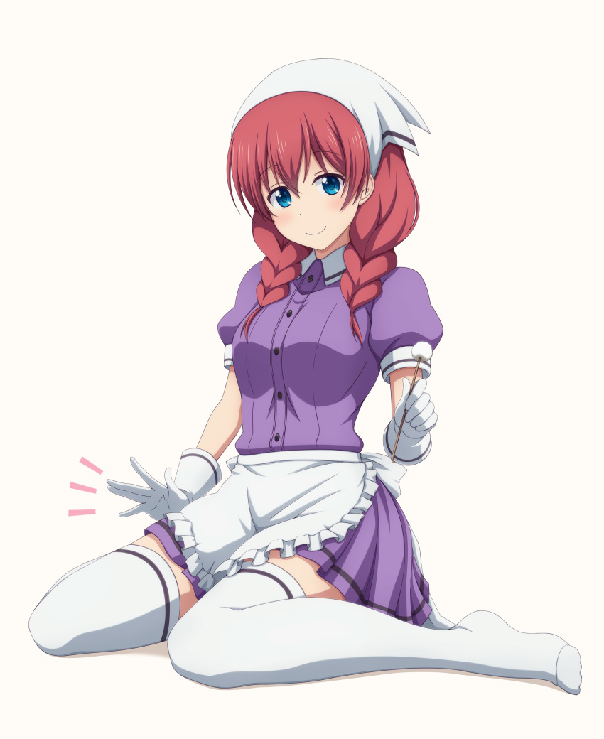 1girl absurdres amano_miu apron bad_id bad_pixiv_id blend_s blue_eyes braid breasts closed_mouth commentary_request female_focus frilled_apron frills full_body gloves hair_between_eyes head_tilt highres ishida_seito lap_pillow_invitation looking_at_viewer low_twintails medium_breasts mimikaki no_shoes patting_lap pink_background pleated_skirt puffy_short_sleeves puffy_sleeves purple_skirt red_hair short_sleeves simple_background sitting skirt smile solo stile_uniform thighhighs twin_braids twintails waist_apron waitress wariza white_apron white_gloves white_thighhighs