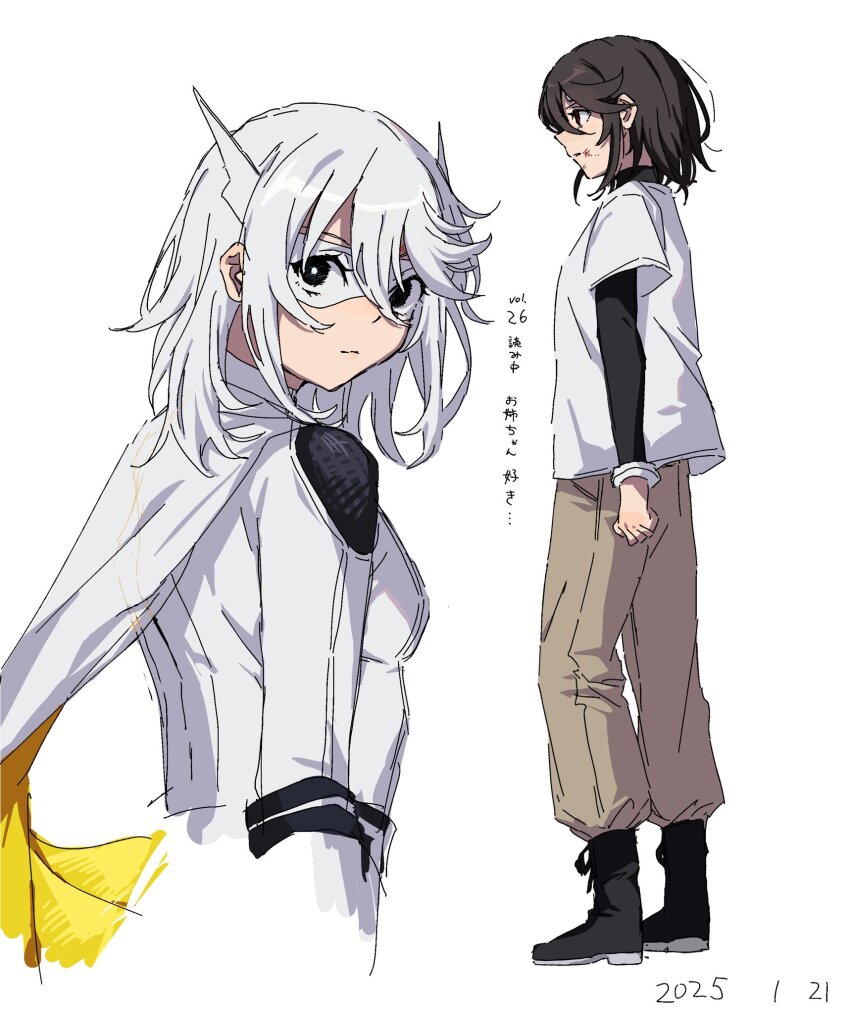 2girls brown_pants bruise cropped_torso dated eye_mask from_side full_body grey_hair highres injury layered_sleeves long_sleeves looking_at_viewer medium_hair momijiyama_teru multiple_girls pants profile shoes short_over_long_sleeves short_sleeves shy_(character) shy_(series) standing takatisakana translation_request white_background