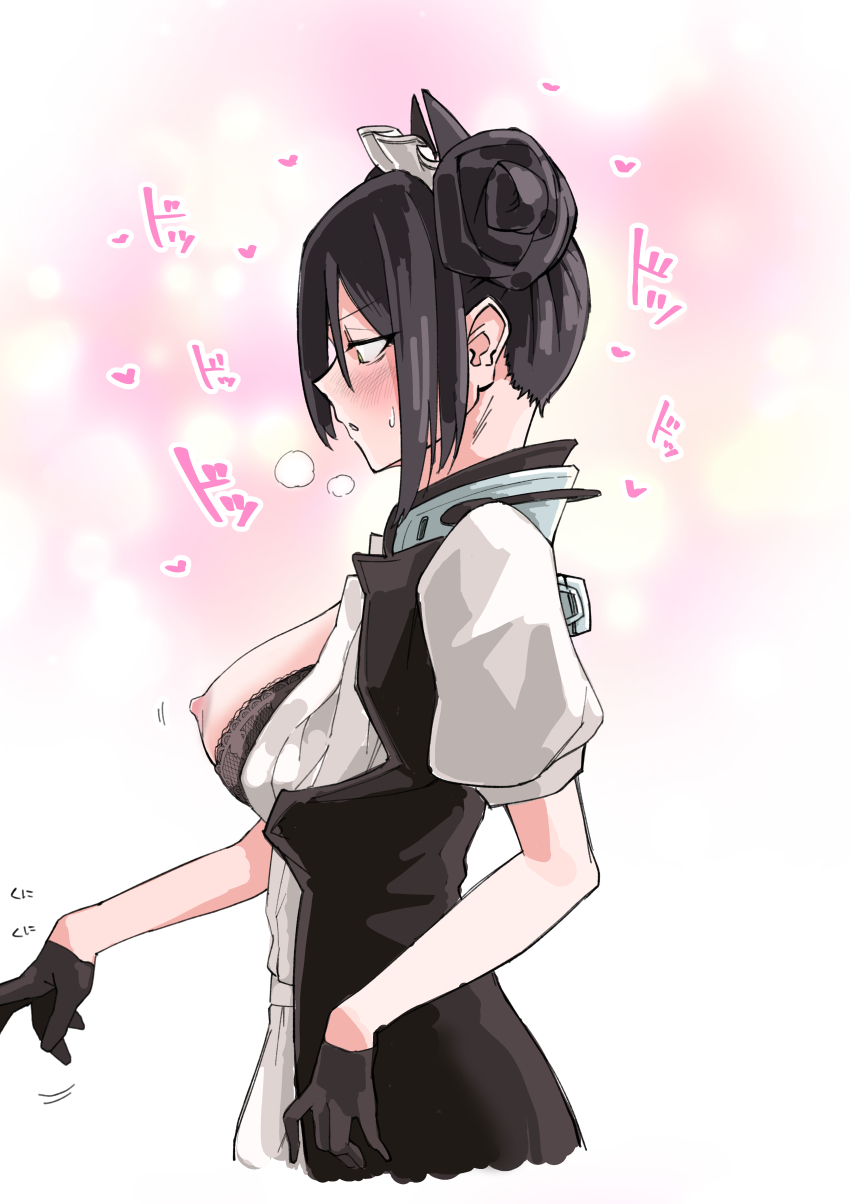 1girl absurdres agent_(girls&#039;_frontline) aroused asymmetrical_hair black_bra black_gloves black_hair black_horns blurry blurry_background blush bra breasts breasts_out commentary cowboy_shot double_bun girls&#039;_frontline gloves hair_between_eyes hair_bun heavy_breathing highres horns lace lace-trimmed_bra lace_trim maid maid_headdress medium_breasts motion_lines nipples open_clothes open_shirt parted_lips puffy_short_sleeves puffy_sleeves sangvis_ferri short_sleeves simple_background solo sugac underwear yellow_eyes