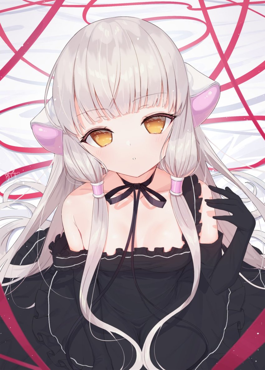 1girl bare_shoulders bed_sheet black_choker black_dress breasts brown_eyes chii chobits choker clamp_(style) commentary_request dress elbow_gloves frilled_dress frills gloves grey_hair hand_up highres long_hair looking_at_viewer parted_lips ribbon_choker robot_ears sleeveless sleeveless_dress small_breasts solo strap_slip tsukiman very_long_hair white_gloves