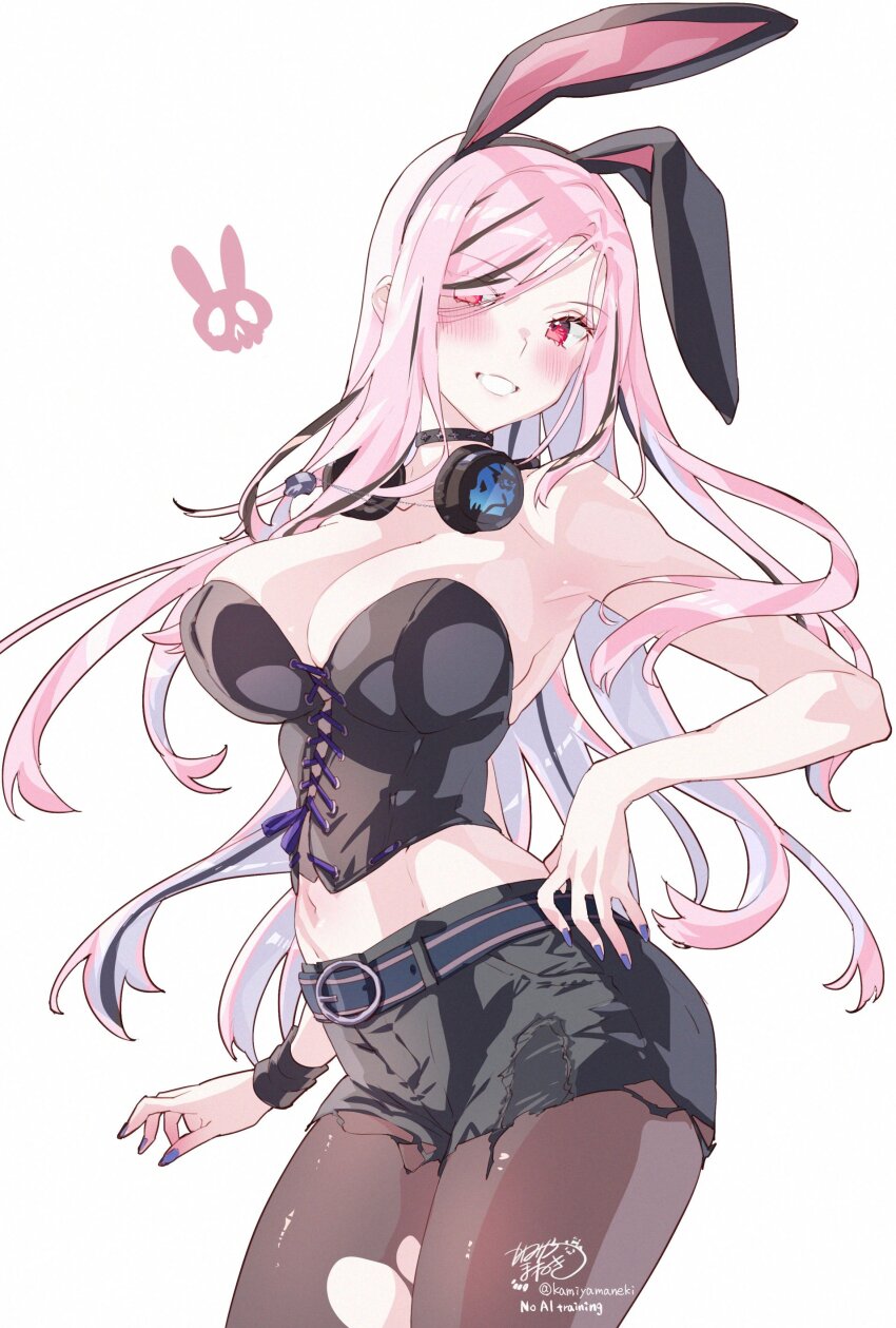 1girl absurdres animal_ears black_choker black_corset black_hair black_shorts blue_nails blush breasts choker cleavage corset cross-laced_clothes cross-laced_corset fake_animal_ears grey_pantyhose grin headphones headphones_around_neck highres hololive hololive_english kamiya_maneki large_breasts long_hair looking_at_viewer mori_calliope mori_calliope_(rock_bunny) multicolored_hair pantyhose pink_hair rabbit_ears red_eyes short_shorts shorts simple_background smile solo streaked_hair teeth torn_clothes torn_pantyhose two-tone_hair virtual_youtuber white_background