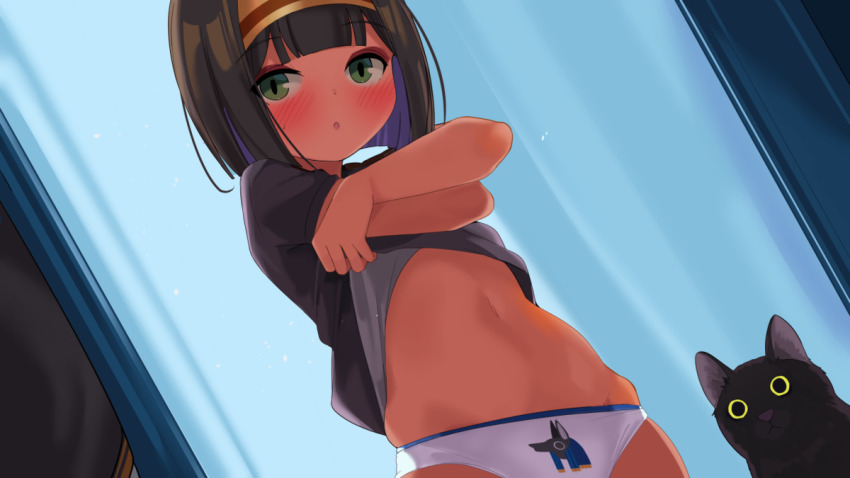 1girl astarte_(surio) black_cat black_shirt blunt_bangs blush brown_hair cat clothes_lift cowboy_shot dark-skinned_female dark_skin dot_nose dutch_angle green_eyes hairband lady_and_the_papyrus looking_at_viewer navel no_pants official_art open_mouth panties parted_lips shirt shirt_lift short_hair solo standing surio underwear undressing white_panties