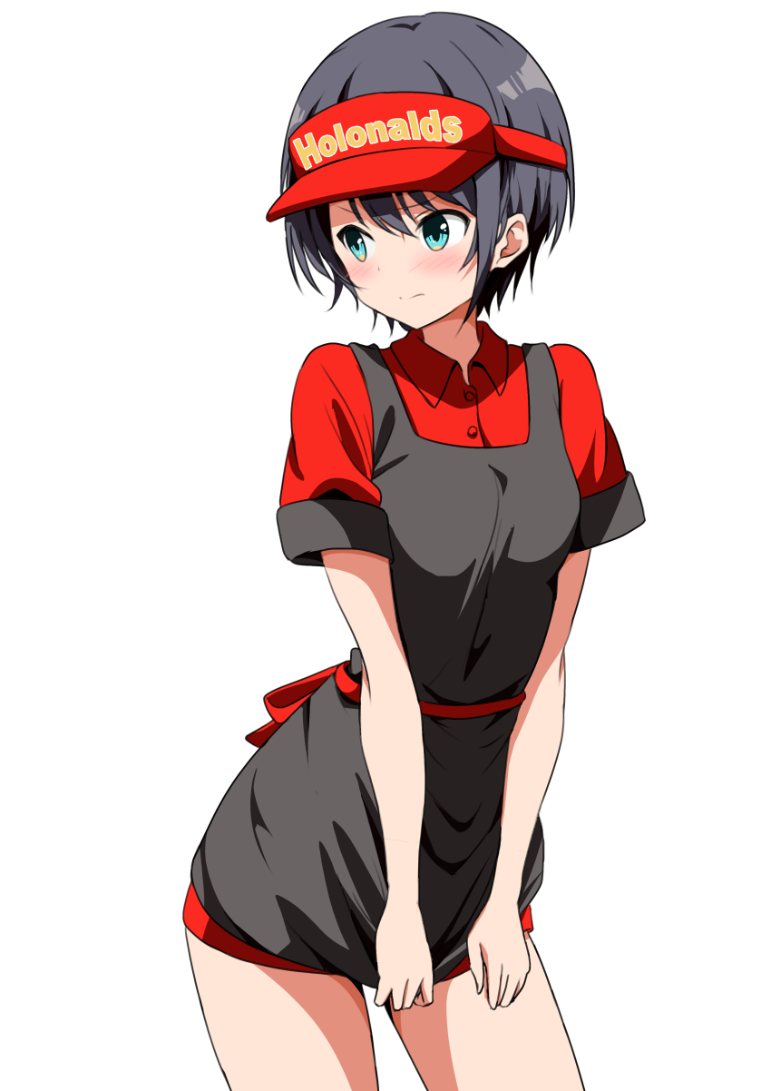 1girl absurdres alternate_costume apron black_apron blue_eyes blush closed_mouth hat highres hololive kishishi_(kishiman-ya) looking_to_the_side oozora_subaru red_hat red_shirt shirt short_hair solo virtual_youtuber visor_cap white_background