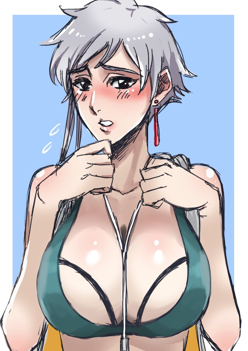 1girl anno_im bare_shoulders bleach bleach:_brave_souls blush border breasts collarbone earrings female_focus grey_hair highres jewelry kotetsu_isane large_breasts official_alternate_costume shiny_skin short_hair sidelocks simple_background swimsuit upper_body white_border