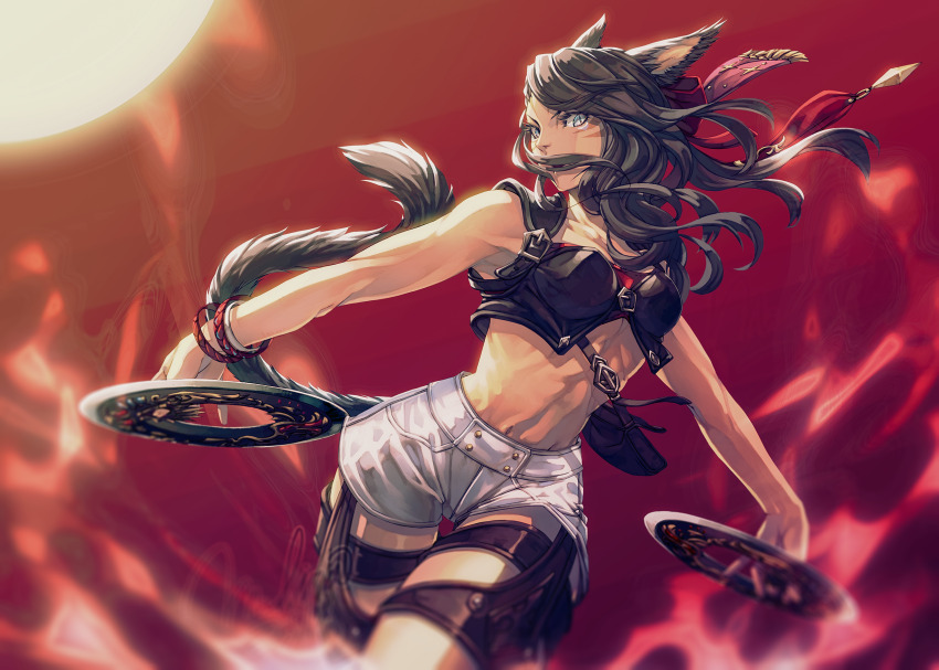 1girl animal_ears black_hair blue_eyes cat_ears cat_tail chakram crop_top dancer_(final_fantasy) facial_mark final_fantasy final_fantasy_xiv highres long_hair looking_at_viewer mihira_(tainosugatayaki) miqo&#039;te shorts slit_pupils solo tail warrior_of_light_(ff1) weapon whisker_markings white_shorts