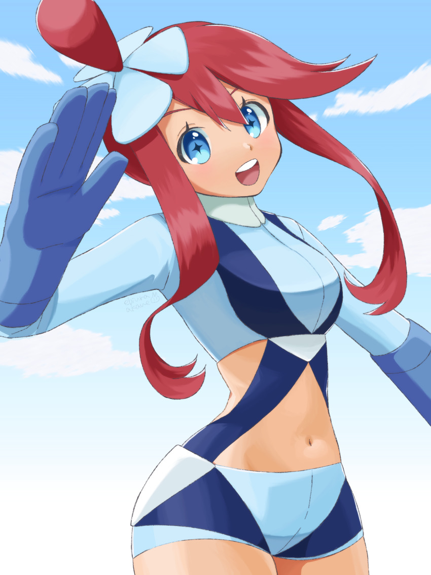 +_+ 1girl :d absurdres blue_eyes blue_footwear blue_gloves blue_jacket blue_shorts breasts cloud creatures_(company) cropped_jacket ebiura_akane game_freak gloves hair_ornament hand_up highres jacket midriff navel nintendo one_side_up open_mouth pilot pokemon pokemon_bw pouch red_hair short_hair_with_long_locks short_shorts shorts sidelocks simple_background sky skyla_(pokemon) smile solo teeth thigh_pouch turtleneck upper_teeth_only