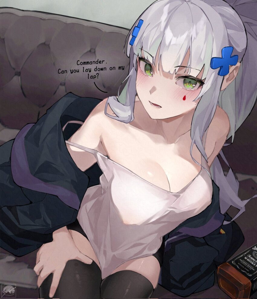 1girl alcohol alternate_hairstyle bare_shoulders black_shorts black_thighhighs blunt_bangs blush breasts cleavage collarbone couch cross_hair_ornament girls&#039;_frontline glass_bottle green_eyes grey_hair hair_ornament hand_on_own_thigh highres hk416_(girls&#039;_frontline) jacket large_breasts long_hair long_sleeves looking_at_viewer lower_teeth_only no_bra off_shoulder on_couch open_clothes open_jacket parted_lips ponytail shirohitoishi short_shorts shorts sidelocks sitting skindentation solo strap_slip teardrop_facial_mark teeth thighhighs whiskey