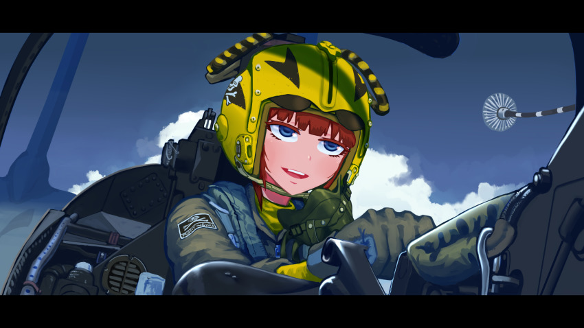 1girl blue_eyes blue_sky cloud cockpit commentary erica_(naze1940) flight_suit g-suit gloves highres letterboxed mask military military_uniform original red_hair sky solo unworn_mask