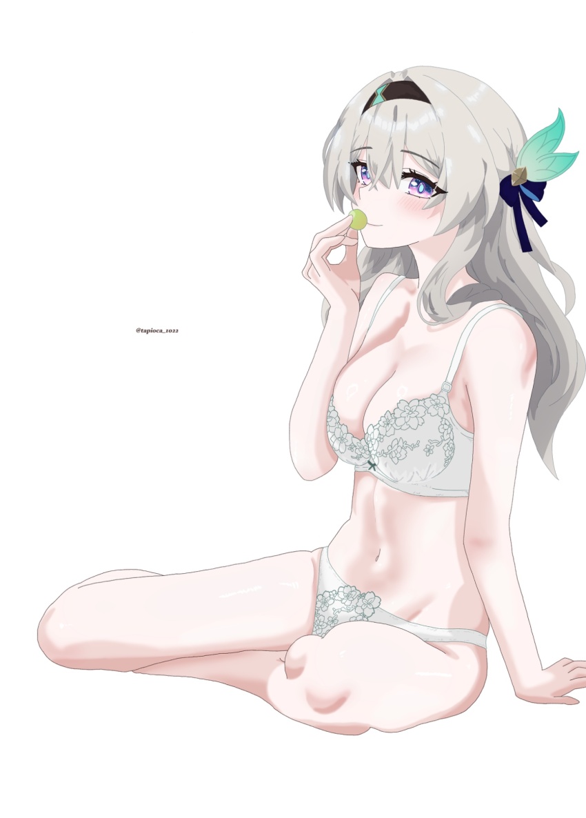 black_hairband blush bra closed_mouth firefly_(honkai:_star_rail) grey_hair hair_between_eyes hair_ornament hairband highres honkai:_star_rail honkai_(series) panties simple_background sitting smile tapioca_1022 twitter_username underwear white_background