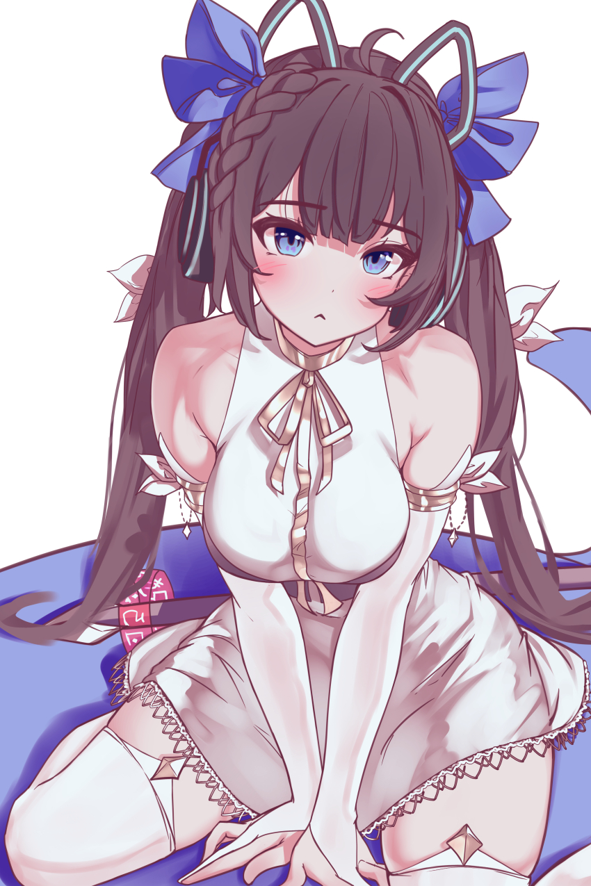 1girl :&lt; absurdres arms_between_legs black_hair blue_bow blue_eyes blush bow braid breasts closed_mouth dress elbow_gloves gloves hair_bow highres indie_virtual_youtuber large_breasts long_hair looking_at_viewer partially_fingerless_gloves sitting sleeveless sleeveless_dress solo sundance0218 thighhighs twintails virtual_youtuber wariza white_dress white_gloves white_thighhighs