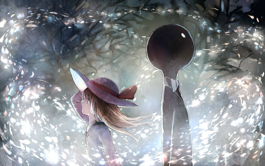 1girl bow bowtie brown_hair deemo deemo_(character) dress alice_(deemo) height_difference highres long_hair looking_up sishenfan tree