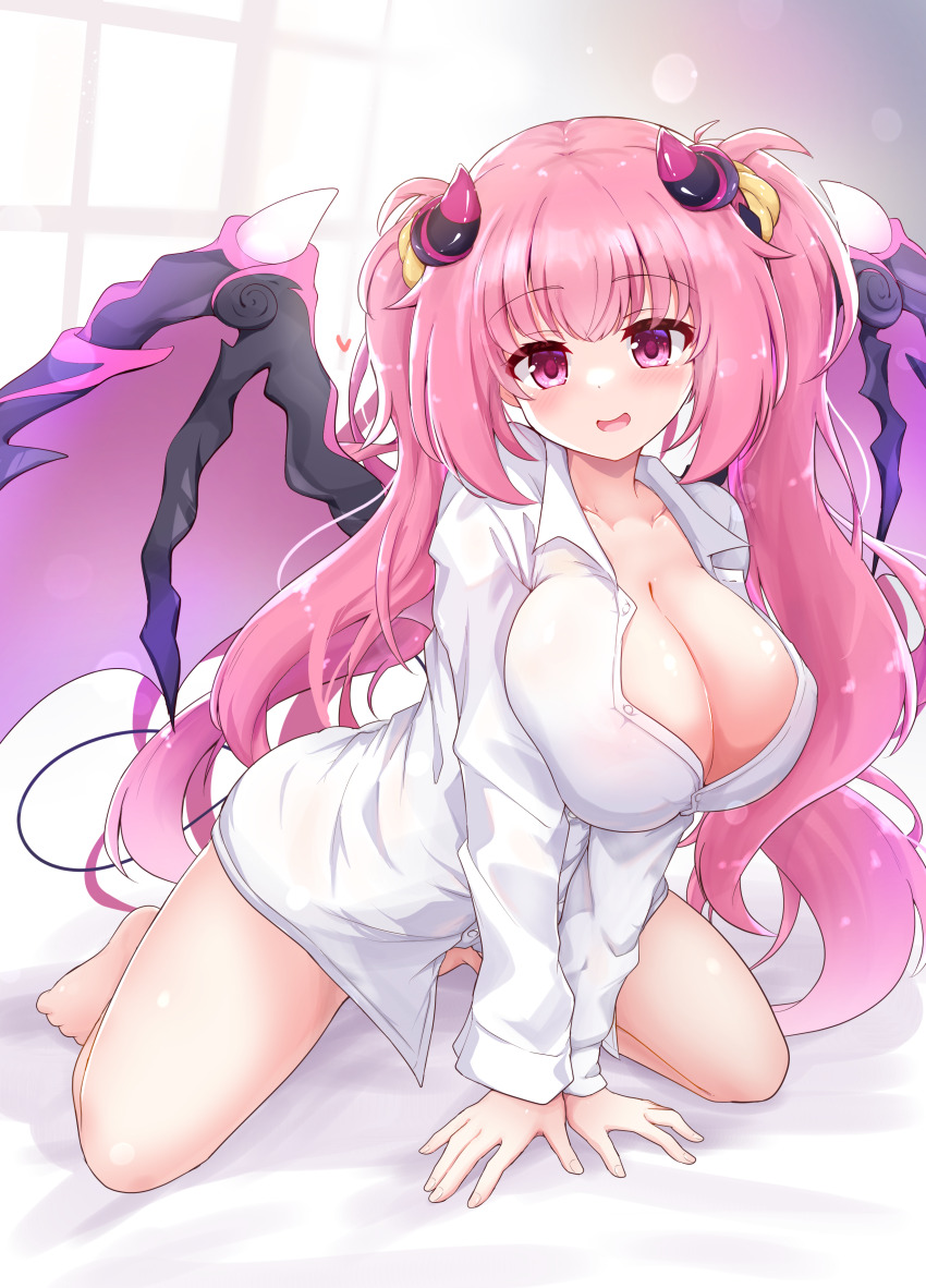 1girl absurdres anneliese arm_support barefoot blush borrowed_clothes breasts cleavage collarbone collared_shirt commentary_request covered_erect_nipples curled_horns demon_girl demon_horns demon_tail demon_wings dress_shirt eyelashes fingernails full_body hair_between_eyes hakutocake heart highres horns huge_breasts indoors kimagure_temptation kneeling leaning_forward long_hair long_sleeves looking_at_viewer naked_shirt open_mouth pink_eyes pink_hair shirt smile solo tail thighs twintails v_arms very_long_hair white_shirt wings