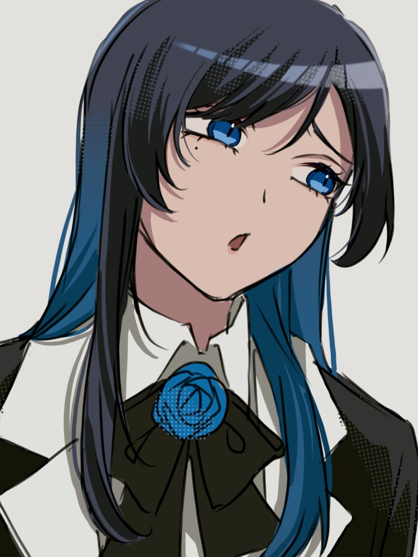 1girl ado_(utaite) black_bow black_bowtie black_hair blue_eyes blue_flower blue_hair blue_rose bow bowtie chando_(ado) collared_shirt colored_inner_hair commentary flower flower_brooch hashtag-only_commentary highres keeko_(kk_0012) long_hair mole mole_under_eye multicolored_hair open_mouth rose screentones shirt sidelocks simple_background solo upper_body white_background white_shirt