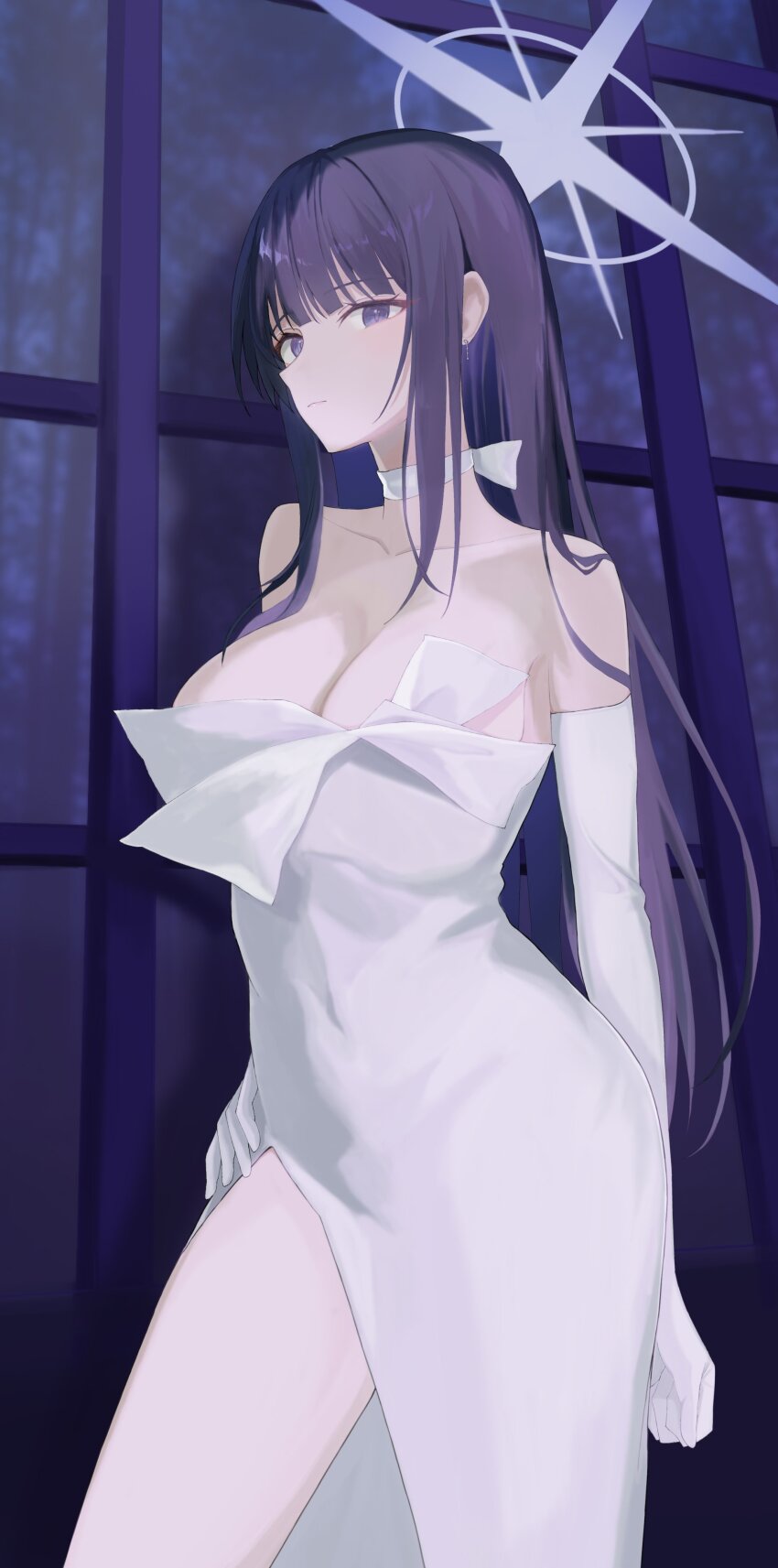 1girl absurdres blue_archive blue_eyes blue_hair blue_halo choker colored_inner_hair dress elbow_gloves gloves halo highres hwa_n01 multicolored_hair official_alternate_costume saori_(blue_archive) saori_(dress)_(blue_archive) solo strapless strapless_dress white_choker white_dress white_gloves