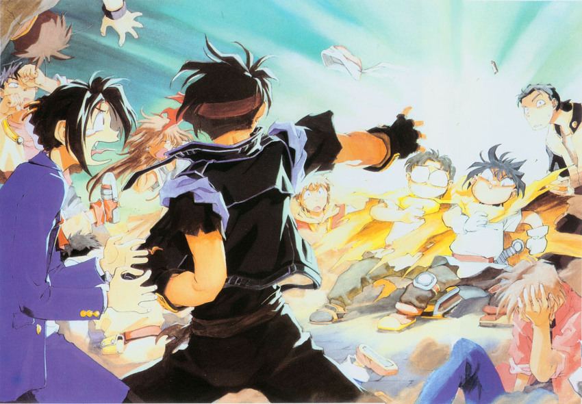 2girls 6+boys black_hair constance_magee dortin fingerless_gloves gloves headband highres kusaka_yuuya majutsushi_orphen multiple_boys multiple_girls open_mouth orphen scan tongue volkan