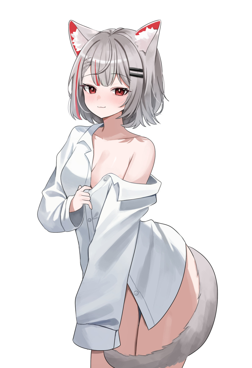 1girl :3 absurdres animal_ear_fluff animal_ears bare_shoulders blush breasts cat_ears cat_girl cat_tail closed_mouth grey_hair highres long_sleeves looking_at_viewer medium_breasts multicolored_hair naked_shirt nannung neneko_mashiro no_pants off_shoulder partially_unbuttoned red_hair shirt short_hair simple_background sleeves_past_fingers sleeves_past_wrists smile solo stellive streaked_hair tail two-tone_hair virtual_youtuber white_background white_shirt