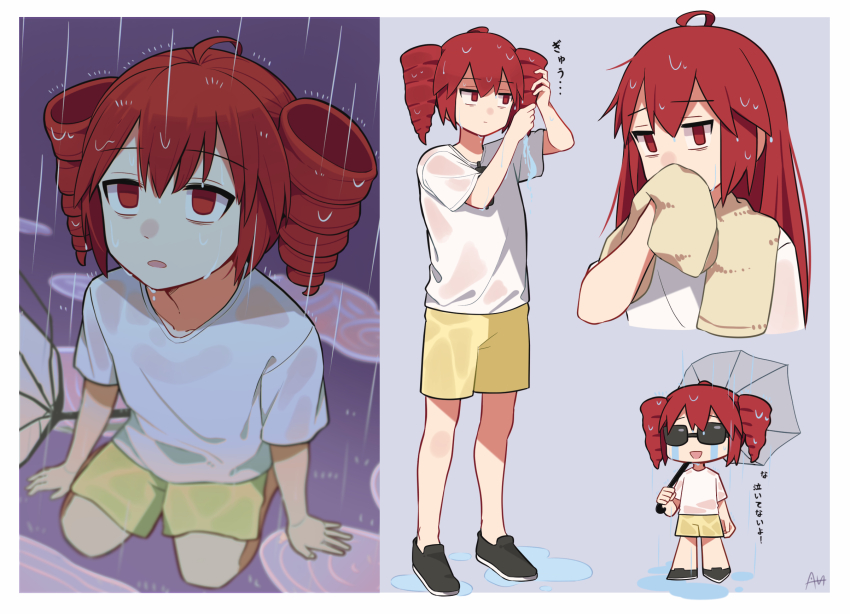 1girl adjusting_hair ahoge alternate_hairstyle black_footwear chibi commentary_request drill_hair from_above full_body highres kasane_teto kasane_teto_(sv) liar_dancer_(synthesizer_v) multiple_views rain red_eyes red_hair sato_(r017xts117) shirt shorts signature sitting standing sunglasses synthesizer_v towel towel_around_neck twin_drills umbrella upper_body utau wariza water wet wet_clothes wet_hair white_shirt yellow_shorts