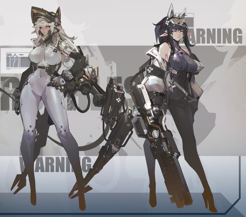 2girls animal_ears bare_shoulders black_bodysuit black_gloves bodysuit breasts elf eyewear_on_head fake_animal_ears full_body glasses gloves gun hair_between_eyes hand_on_own_hip headgear high_heels highres holding holding_gun holding_weapon impossible_bodysuit impossible_clothes large_breasts long_hair looking_at_viewer mecha_musume mechanical_hands multiple_girls original pointy_ears smjim1986 tinted_eyewear weapon white_bodysuit white_hair yellow-tinted_eyewear