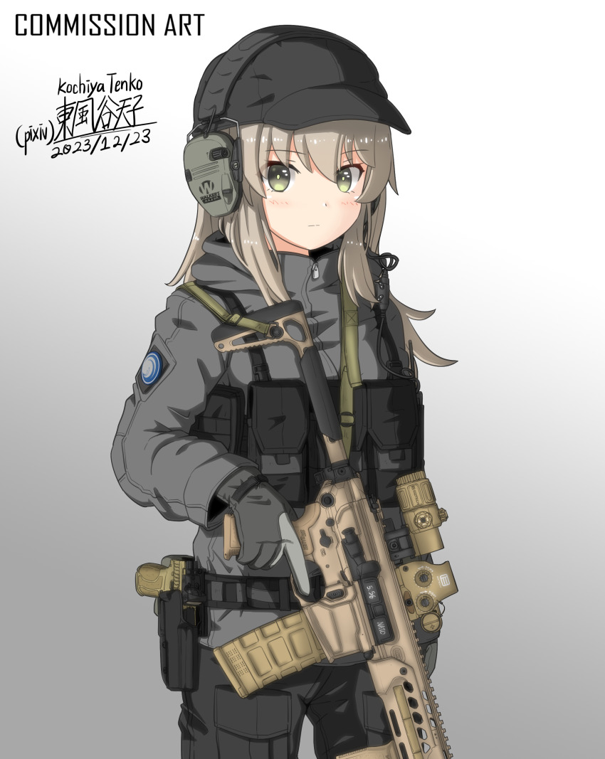 1girl absurdres ammunition_pouch artist_name assault_rifle baseball_cap belt black_hat blush borrowed_character cargo_pants closed_mouth commentary commission dated english_commentary eotech gloves gradient_background green_eyes grey_background grey_gloves grey_jacket grey_pants gun gun_sling hat headset highres holster jacket kochiya_tenko light_brown_hair load_bearing_vest logo looking_at_viewer magazine_(weapon) medium_hair military optical_sight original pants patch pixiv_commission pouch product_placement rifle s&amp;w_m&amp;p sig_mcx sig_sauer sight_magnifier signature simple_background solo tactical_clothes trigger_discipline vertical_foregrip weapon wire zipper_pull_tab