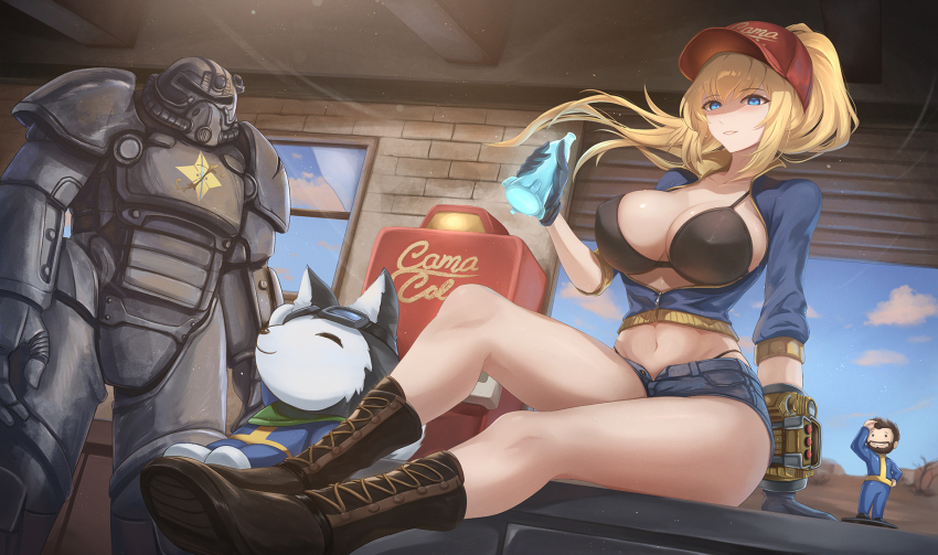 1girl armor baseball_cap black_bra black_gloves blonde_hair blue_eyes boots bottle bra breasts brick_wall cleavage cloud commission denim denim_shorts desk dog fallout_(series) g-string garage gloves goggles goggles_on_head hat highres holding holding_bottle jacket large_breasts navel nuka_cola_quantum on_desk open_clothes open_jacket pip_boy ponytail power_armor shorts sitting sky skyde_kei thighs thong underwear vault_boy vault_suit window