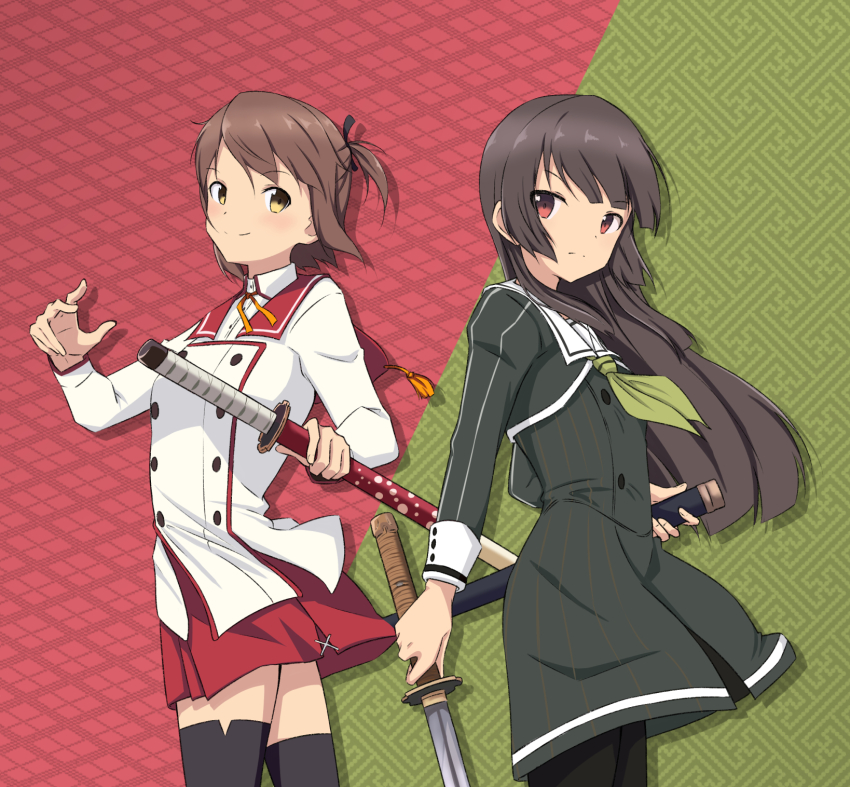 2girls back-to-back black_pantyhose black_thighhighs brown_eyes brown_hair closed_mouth commentary_request dress etou_kanami green_background green_dress green_neckerchief heijou_institute_school_uniform highres hime_cut holding holding_sheath holding_sword holding_weapon juujou_hiyori katana long_hair long_sleeves looking_at_another minoseki_gakuin_uniform motsutoko multiple_girls neck_ribbon neckerchief orange_ribbon pantyhose red_background red_eyes red_sailor_collar red_skirt ribbon sailor_collar school_uniform sheath shirt short_hair skirt sleeve_cuffs smile split_theme standing sword thighhighs toji_no_miko unsheathed weapon white_sailor_collar white_shirt zettai_ryouiki