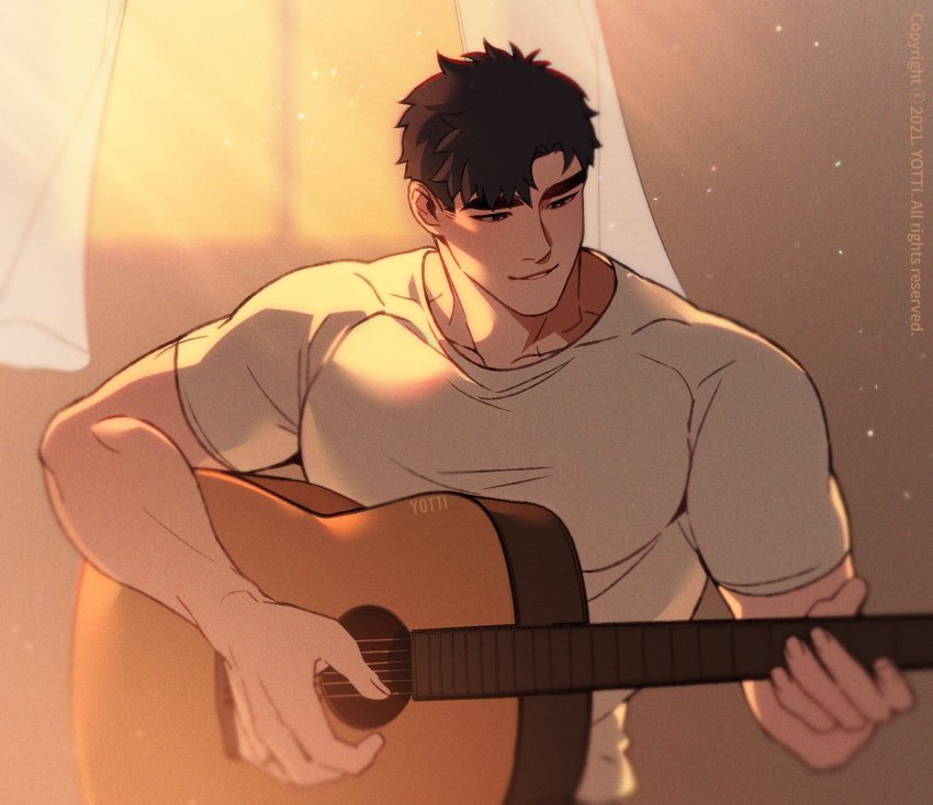 1boy acoustic_guitar artist_name bara black_hair guitar holding holding_instrument instrument large_pectorals male_focus muscular muscular_male music original pectorals playing_instrument shirt short_hair smile solo thick_eyebrows upper_body white_shirt yotti