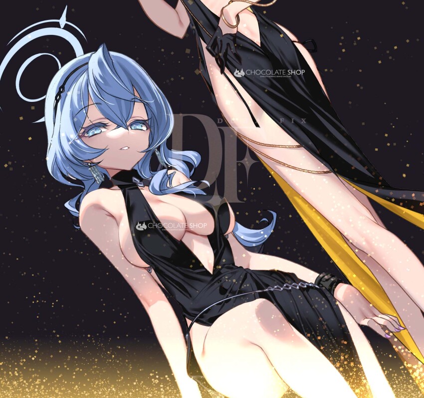 2girls ako_(blue_archive) ass bare_shoulders black_dress blue_archive blue_eyes blue_hair blush breasts choco_(chocolate_shop) cleavage dress earrings hair_between_eyes hairband halo highres jewelry large_breasts long_hair looking_at_viewer multiple_girls side_slit solo_focus thighs