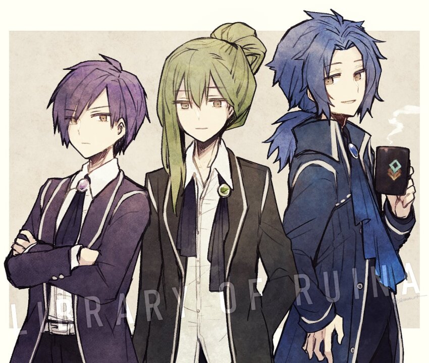 3boys ascot blue_ascot blue_coat chesed_(project_moon) coat collared_coat collared_shirt cowboy_shot cup green_coat holding holding_cup library_of_ruina looking_at_viewer low_ponytail male_focus mug multiple_boys netzach_(project_moon) parted_lips project_moon purple_ascot purple_coat shima_haruka_(ruetrica) shirt sidelocks smile white_shirt wing_collar yellow_eyes yesod_(project_moon)