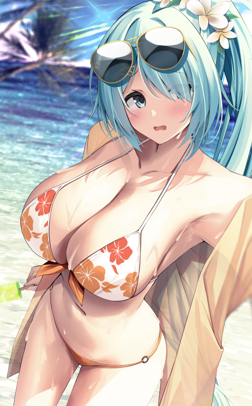 1girl beach bikini blue_archive blue_eyes blue_hair blush breasts collarbone cowboy_shot day eyewear_on_head floral_print flower hair_flower hair_ornament hair_over_one_eye high_ponytail highres hiyori_(blue_archive) hiyori_(swimsuit)_(blue_archive) large_breasts light_rays long_hair looking_at_viewer mutsumi_nemuru o-ring o-ring_bottom official_alternate_costume open_mouth outdoors solo sunglasses swimsuit