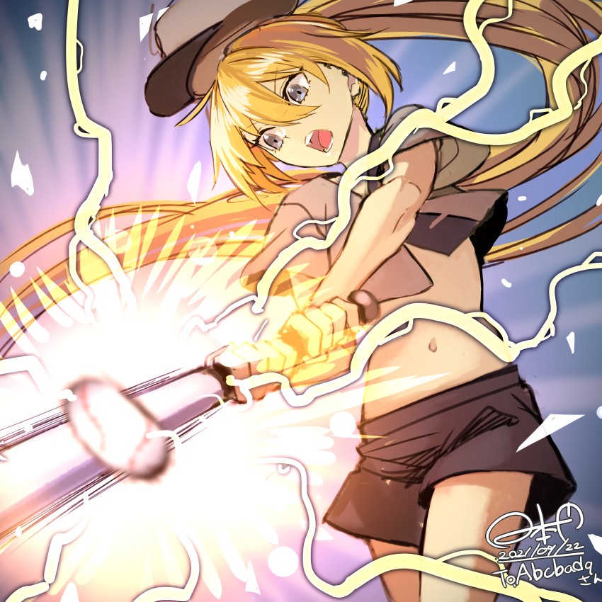 1girl absurdres artoria_caster_(fate) artoria_pendragon_(fate) baseball baseball_bat baseball_cap blonde_hair character_request check_character commission crop_top dated emphasis_lines fate/grand_order fate_(series) green_eyes hat highres hinomoto_madoka hitting holding holding_baseball_bat long_hair motion_lines navel open_mouth shorts signature skeb_commission teeth tongue twintails