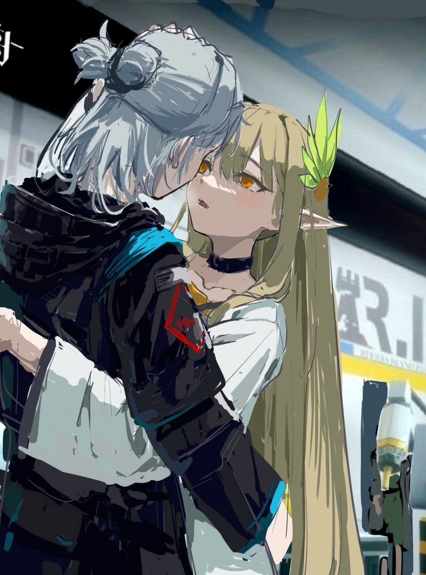 1girl 1other after_kiss arknights benrenyiresiyoushiqingshaozhi blonde_hair blush coat doctor_(arknights) elf feather_hair_ornament feathers grey_hair hair_ornament highres kiss lab_coat long_hair muelsyse_(arknights) open_mouth orange_eyes pointy_ears saliva saliva_trail techwear very_long_hair white_coat