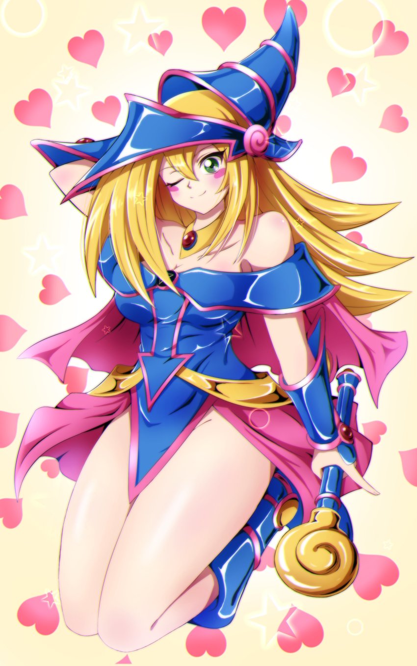 1girl absurdres bare_shoulders blonde_hair blue_dress blue_eyes blue_footwear blue_hat blush_stickers boots dark_magician_girl dress duel_monster hat heart heart_background highres long_hair one_eye_closed solo sotomichi wand wizard_hat yu-gi-oh!