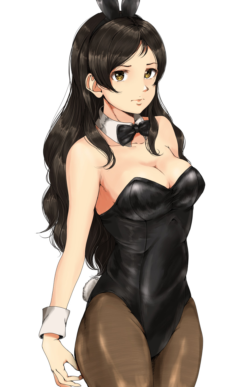 1girl absurdres animal_ears black_leotard black_pantyhose brown_eyes brown_hair detached_collar fake_animal_ears gatsby_ssl highres idolmaster idolmaster_million_live! kitazawa_shiho leotard long_hair looking_at_viewer pantyhose playboy_bunny rabbit_ears rabbit_tail side-tie_leotard simple_background solo strapless strapless_leotard tail white_background wrist_cuffs