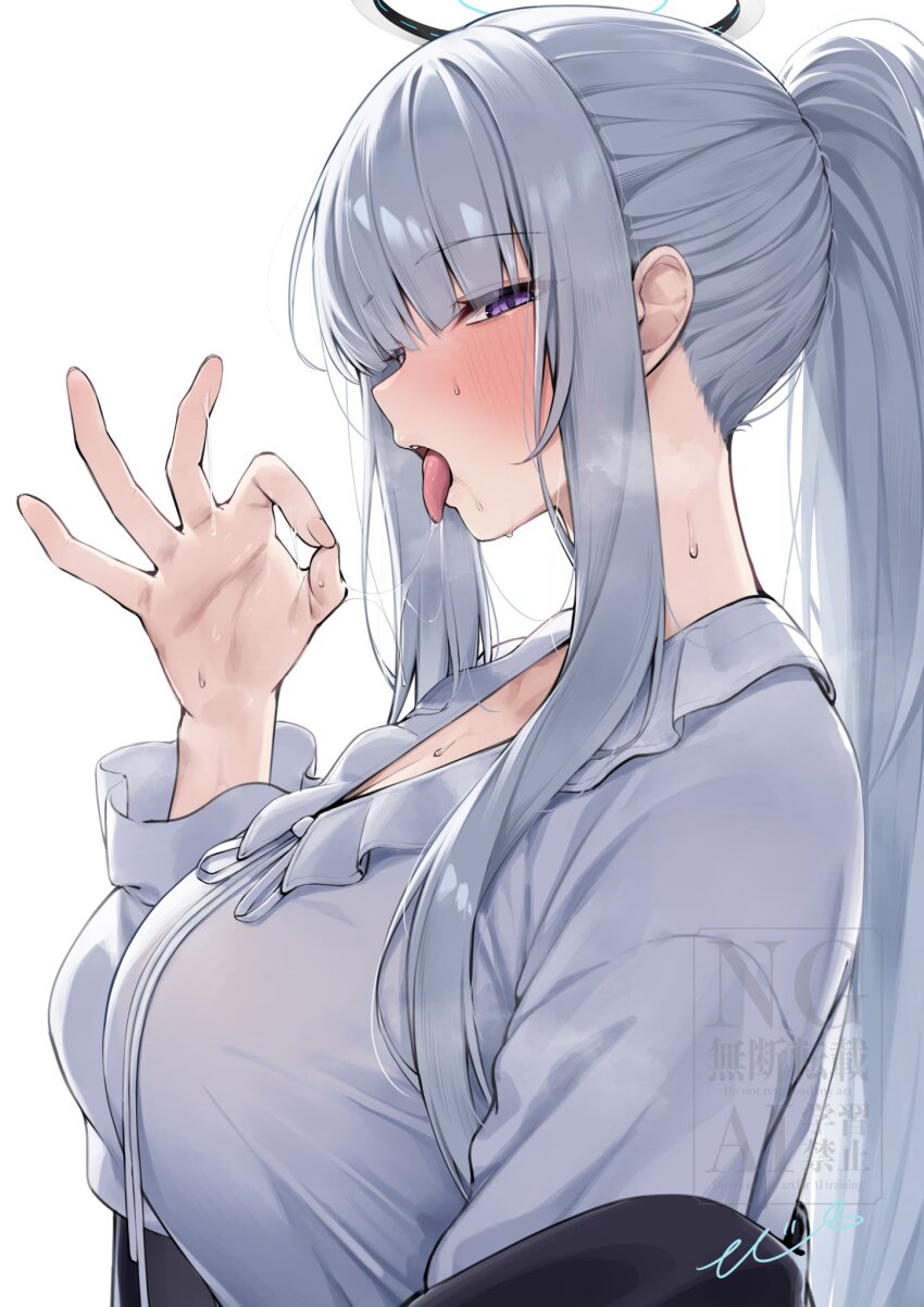 1girl blue_archive blush breasts commentary_request fellatio_gesture halo hand_up highres large_breasts long_hair long_sleeves looking_at_viewer looking_to_the_side mono_(mo_n_mno) noa_(blue_archive) open_mouth ponytail purple_eyes saliva saliva_trail shirt sidelocks sideways_glance signature simple_background solo tongue tongue_out upper_body white_background white_hair white_shirt