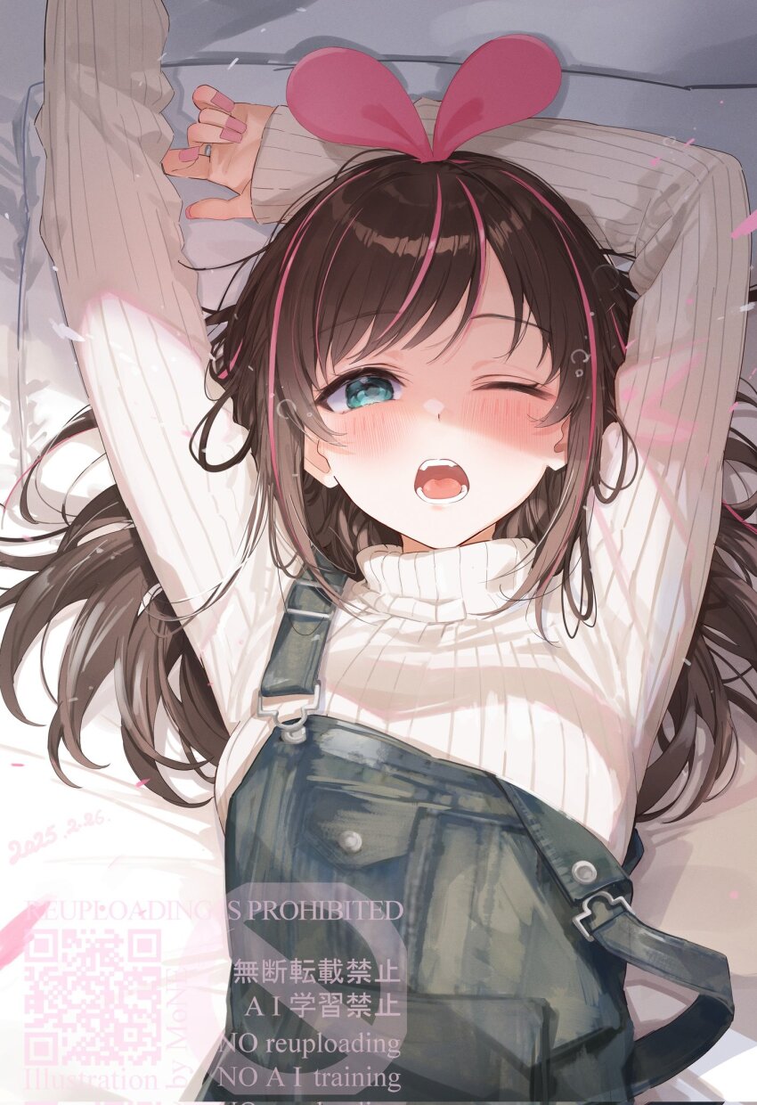 1girl ;o arm_behind_head arms_up blush breasts fingernails from_above grey_overalls grey_sweater hairband highres kizuna_ai kizuna_ai_(2025) kizuna_ai_inc. long_fingernails long_hair long_sleeves looking_at_viewer lying medium_breasts motoi_(croa76) multicolored_hair nail_polish non-web_source on_back on_bed one_eye_closed open_mouth overalls pillow pink_hair pink_hairband pink_nails ribbed_sweater sidelocks single_off_shoulder solo streaked_hair sweater swept_bangs teeth turtleneck turtleneck_sweater virtual_youtuber white_sweater