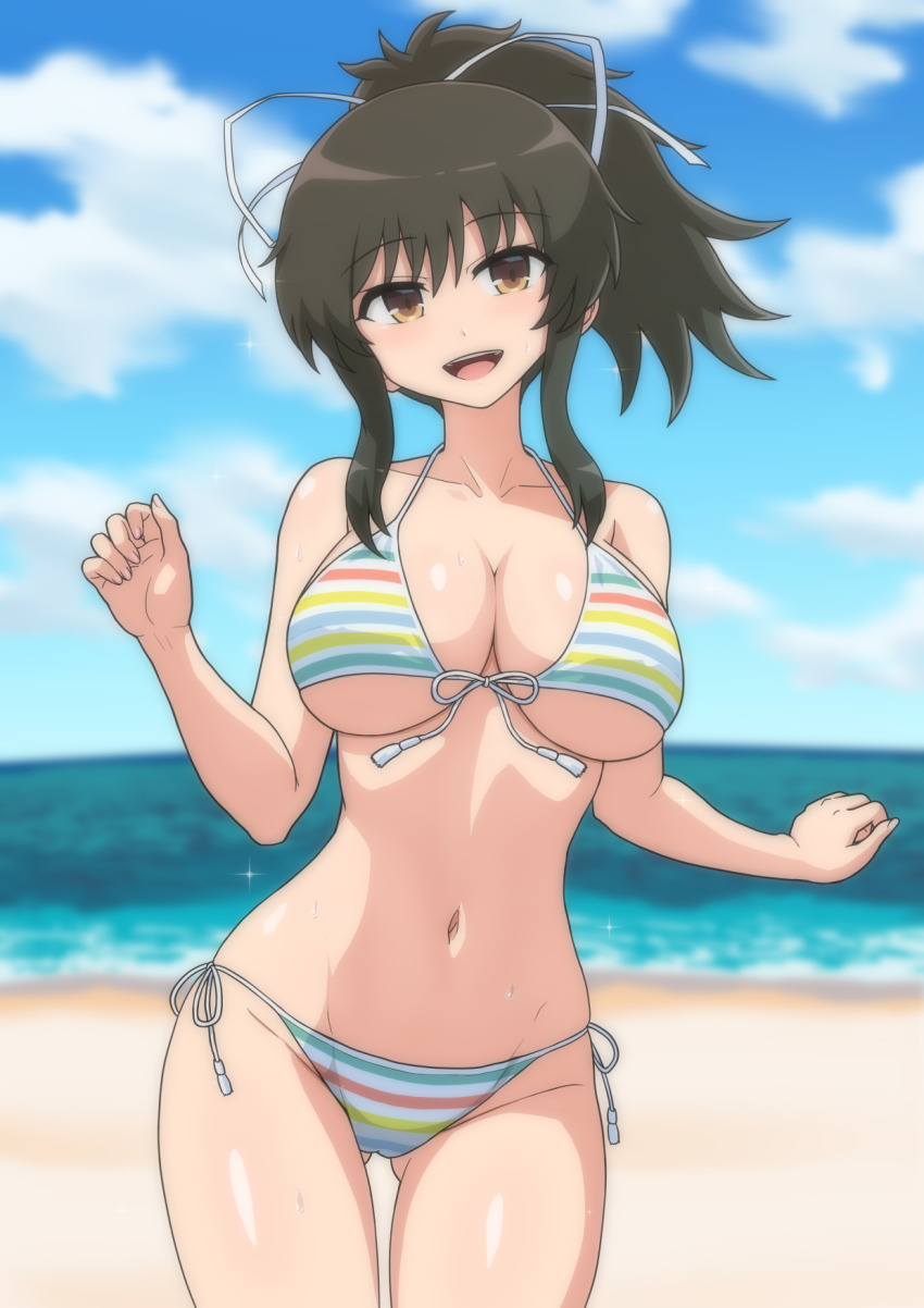 1girl asuka_(senran_kagura) beach bikini black_hair blue_sky blurry blurry_background breasts brown_eyes cameltoe cleavage cloud day front-tie_bikini_top front-tie_top gluteal_fold hair_ribbon halterneck highres kinnan large_breasts long_hair looking_at_viewer multicolored_bikini multicolored_clothes multicolored_stripes navel ocean open_mouth outdoors ponytail rainbow_bikini revision ribbon senran_kagura senran_kagura_shoujo-tachi_no_shin&#039;ei short_ponytail side-tie_bikini_bottom sidelocks sky solo string_bikini striped_bikini striped_clothes swimsuit white_ribbon