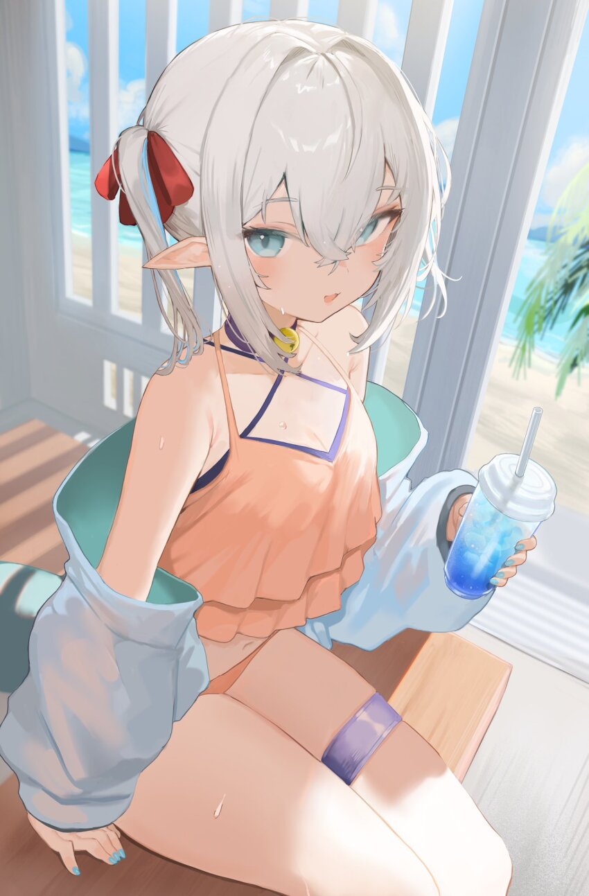 1girl aqua_eyes aqua_nails beach bell bikini blush breasts cleavage cloud commentary cup day disposable_cup gaou_musubi grey_hair hair_between_eyes hair_ribbon highres holding holding_cup indie_virtual_youtuber jacket looking_at_viewer medium_breasts nail_polish neck_bell off_shoulder open_clothes open_jacket outdoors pink_bikini pointy_ears red_ribbon ribbon sand sitting sky solo sorotu sweat swimsuit symbol-only_commentary thigh_strap virtual_youtuber water