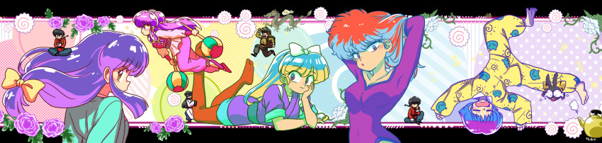 4boys 5girls arms_behind_head barefoot braid character_request coke-bottle_glasses collarbone flower glasses hibiki_ryouga highres holding kunou_kodachi kuonji_ukyou leotard lipstick long_hair long_image long_sleeves looking_at_viewer low-tied_long_hair makeup mini_person miniboy mousse_(ranma_1/2) multiple_boys multiple_girls open_mouth p-chan pajamas purple_leotard ranma_1/2 saotome_ranma shampoo_(ranma_1/2) shirt teapot tendou_akane wanta_(futoshi) white_flower wide_image yellow_shirt