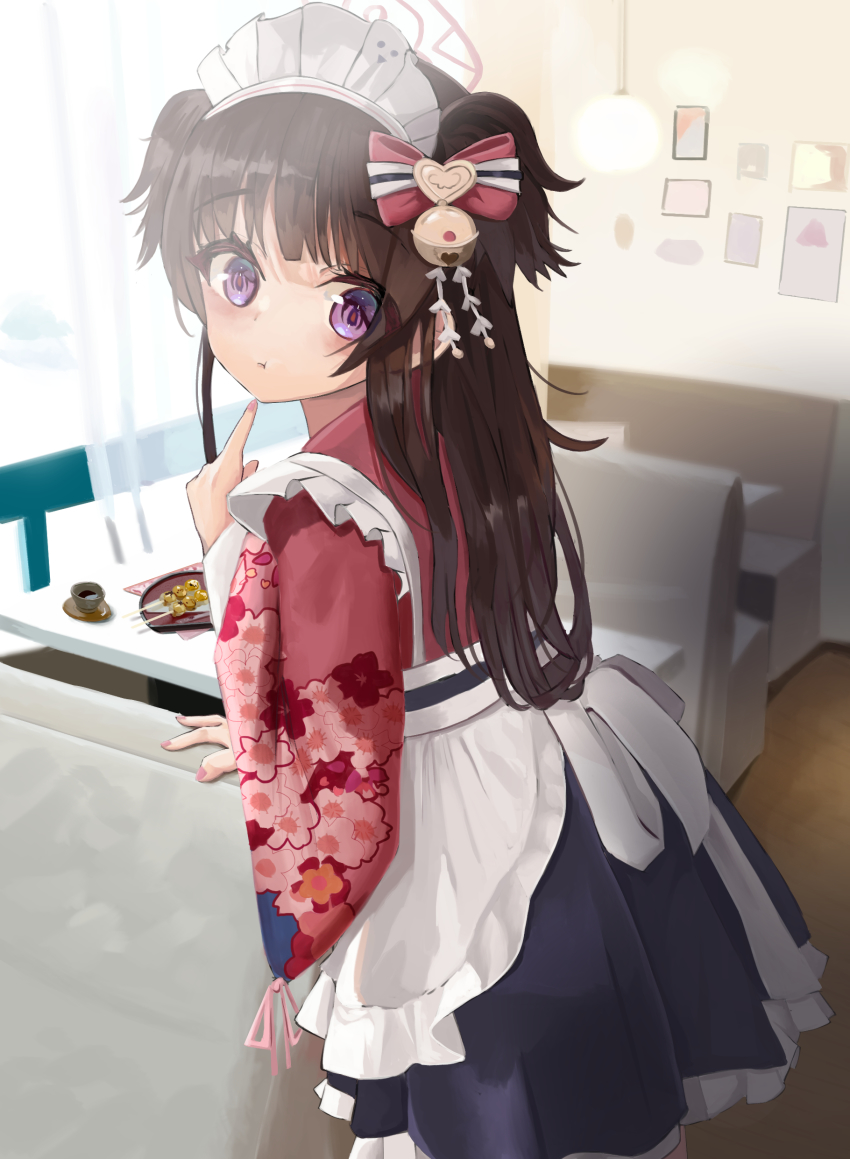 1girl absurdres bad_id bad_pixiv_id black_hair blue_archive chair commentary_request dango food hair_ornament hair_ribbon halo highres long_hair looking_at_viewer looking_back maid nina_(pixiv31869672) plate pointing pointing_at_self purple_eyes ribbon shizuko_(blue_archive) solo table wa_maid wagashi