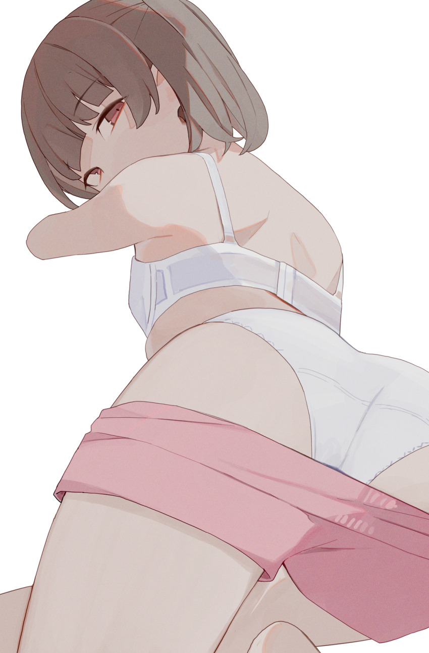 1girl ass barefoot blush bra breasts brown_eyes brown_hair clothes_pull from_behind hiroki_(yyqw7151) looking_at_viewer looking_back lying original panties pink_shorts short_hair shorts shorts_pull small_breasts underwear white_background white_bra white_panties