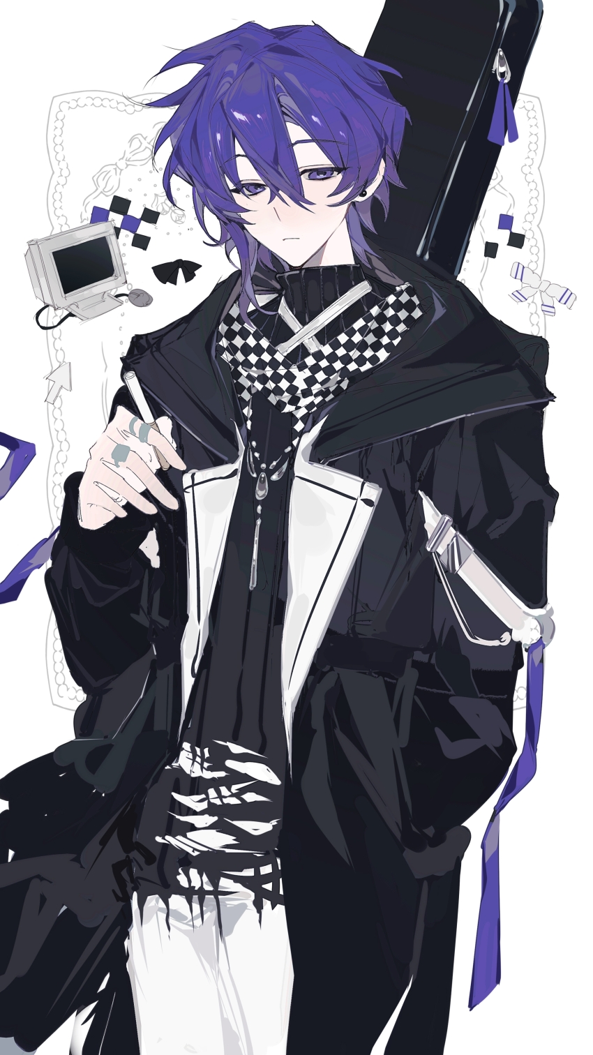 1boy absurdres alternate_costume black_coat black_sweater checkered_clothes checkered_scarf closed_mouth coat cowboy_shot earrings expressionless hair_between_eyes hand_in_pocket highres hood hood_down hooded_coat italy-cute jewelry long_sleeves male_focus medium_hair necklace open_clothes open_coat pants purple_eyes purple_hair ribbed_sweater ring scarf sebastian_(stardew_valley) solo stardew_valley stud_earrings sweater torn_clothes torn_sweater turtleneck turtleneck_sweater white_pants