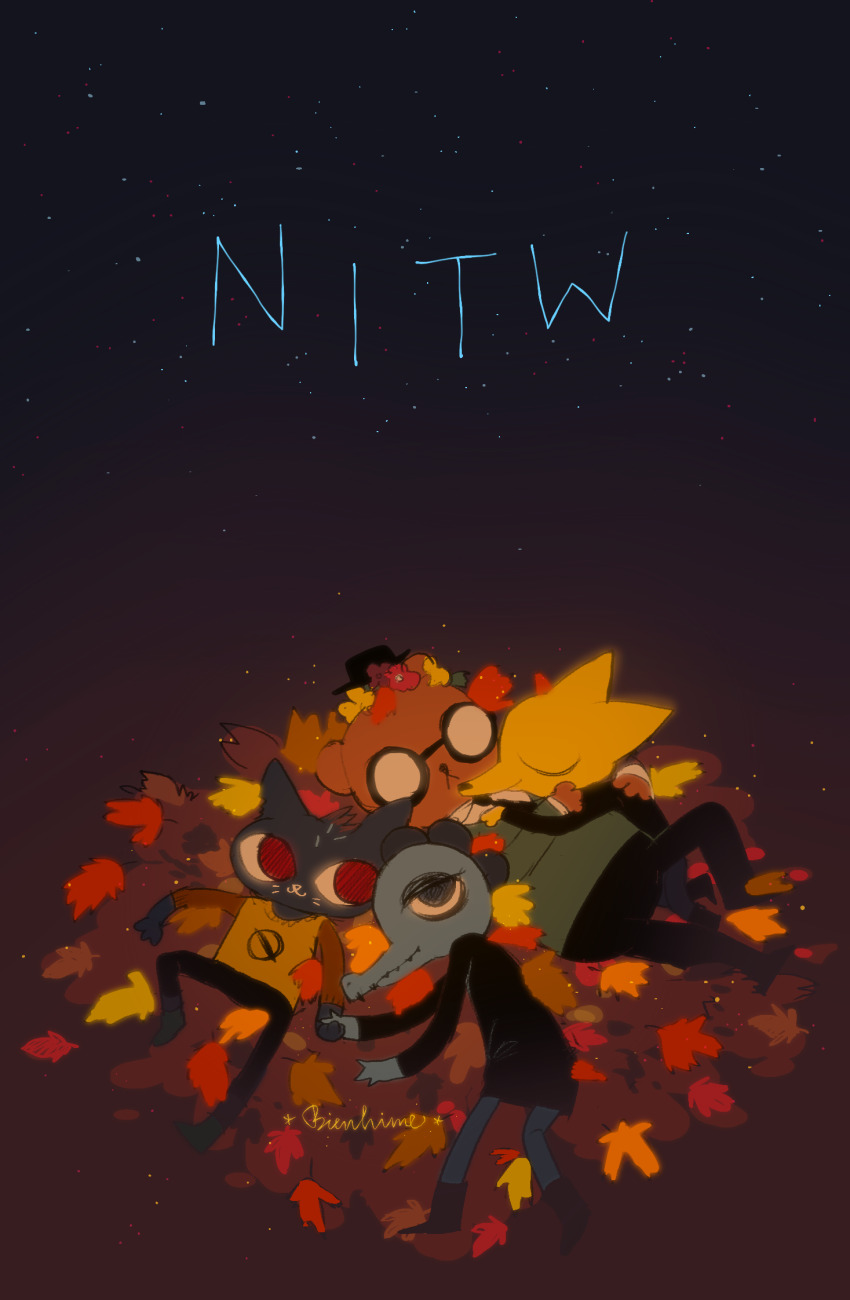 2boys 2girls angus_delaney autumn_leaves bea_santello furry furry_female furry_male furry_with_furry gregg_lee highres leaf mae_borowski multiple_boys multiple_girls night night_in_the_woods night_sky outdoors signature sky star_(sky) starry_sky yukuefumeinokoucya