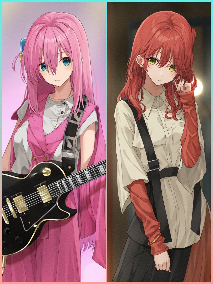 2girls aged_up alternate_costume black_skirt blurry blurry_background bocchi_the_rock! closed_mouth collared_shirt commentary_request cowboy_shot cube_hair_ornament double-parted_bangs earrings electric_guitar expressionless eyes_visible_through_hair gotoh_hitori green_eyes guitar guitar_strap hair_between_eyes hair_ornament hair_over_shoulder head_tilt highres indoors instrument jacket jewelry kanaria_hisagi kita_ikuyo light_blush long_hair long_sleeves looking_at_viewer multiple_girls nail_polish one_side_up pink_hair pink_jacket pink_skirt playing_with_own_hair red_hair red_nails red_shirt shirt short_sleeves sidelocks skirt sleeves_past_wrists straight-on wavy_hair white_shirt