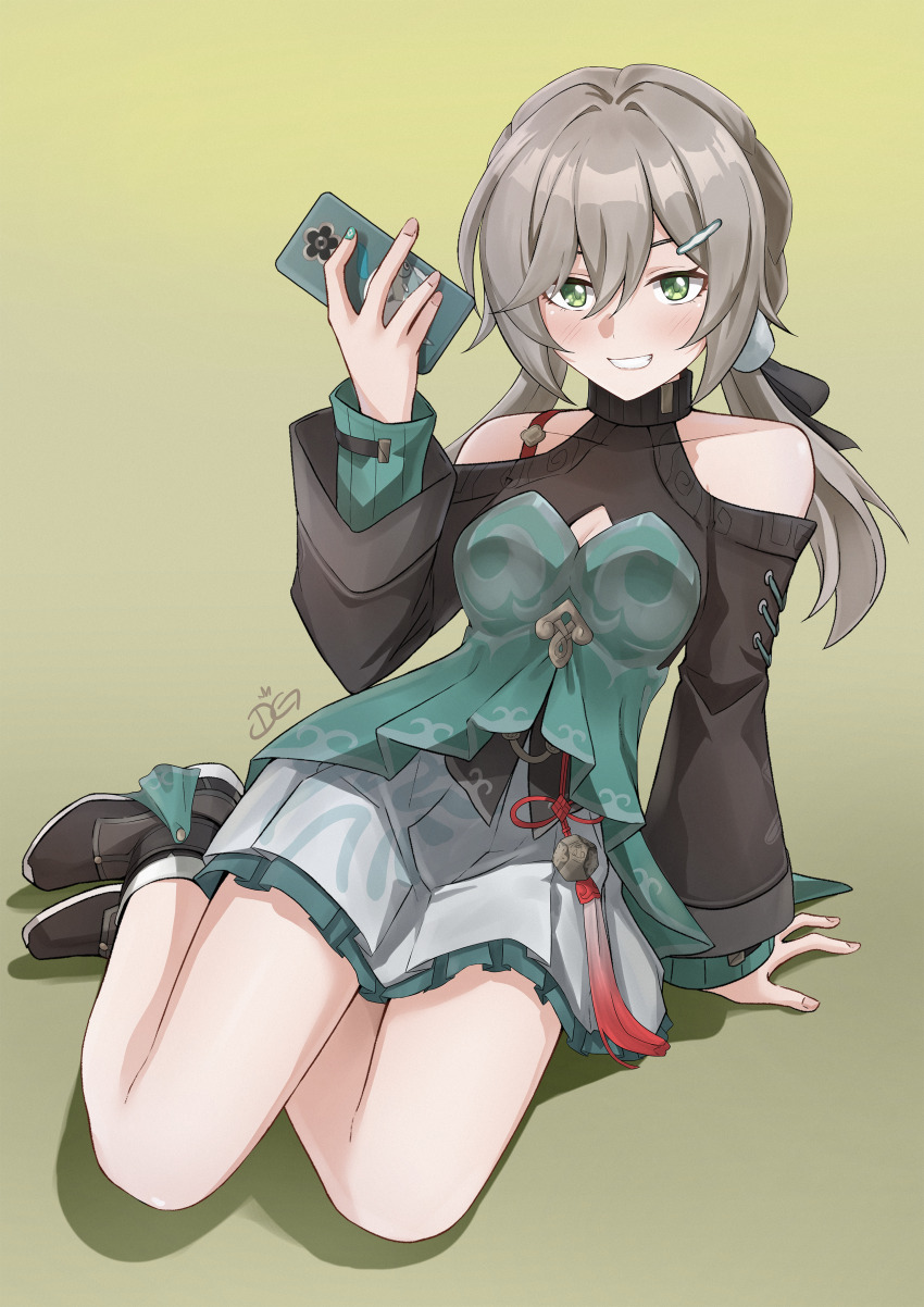 1girl absurdres bare_shoulders blush brown_hair clothing_cutout don_guallo dress green_dress green_eyes hair_between_eyes hair_ornament hairclip highres holding holding_phone honkai:_star_rail honkai_(series) layered_clothes long_hair long_sleeves looking_at_viewer low_twintails phone qingque_(honkai:_star_rail) shoulder_cutout sitting smile solo twintails yokozuwari