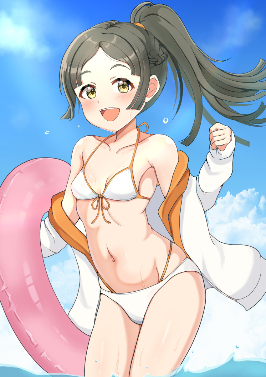 1girl absurdres bikini black_hair blue_sky breasts cloud commentary_request cowboy_shot front-tie_bikini_top front-tie_top gakuen_idolmaster green_eyes highres idolmaster jacket kuramoto_china long_hair looking_at_viewer multi-strapped_bikini_bottom open_clothes open_jacket parted_bangs pink_innertube sky small_breasts smile solo swimsuit tanukiinu005 teeth upper_teeth_only wading water white_bikini white_jacket