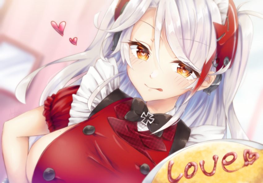 1girl azur_lane black_bow blurry blurry_background blush bow bowtie breasts closed_mouth food food_writing frills headgear heart heart-shaped_pupils indoors large_breasts light_smile long_hair looking_at_viewer mole mole_on_breast multicolored_hair no_bra omelet omurice orange_eyes parted_bangs plate prinz_eugen_(azur_lane) puffy_short_sleeves puffy_sleeves red_eyes red_shirt satsuki_meguru shirt short_sleeves sideboob solo streaked_hair symbol-shaped_pupils tongue tongue_out two_side_up upper_body white_hair