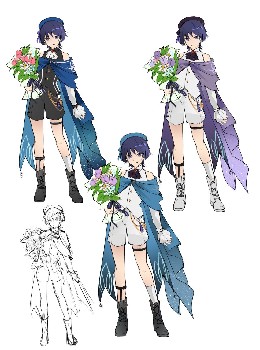 1boy absurdres alternate_costume arm_at_side ascot beret black_ascot black_bow black_footwear black_hat black_shorts black_vest blue_bow blue_cape blue_hat blunt_ends boots bouquet bow cape closed_mouth cross-laced_footwear detached_sleeves flower frilled_sleeves frills full_body garter_belt genshin_impact gold grass hair_bow hat highres holding holding_bouquet leaf looking_at_viewer male_focus purple_bow purple_eyes purple_flower purple_hair red_brooch red_flower scaramouche_(genshin_impact) shorts single_sock smile socks solo standing thigh_strap tofuubuns variations vest white_ascot white_background white_footwear white_shorts white_sleeves white_socks white_vest yellow_flower